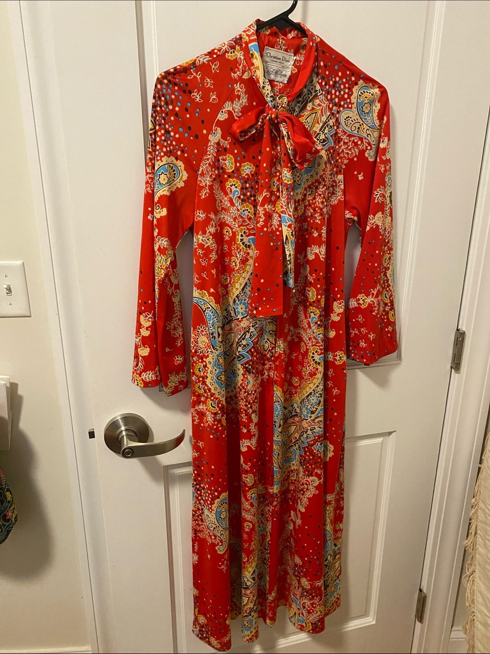 Christian Dior lounge wear Red Paisley Tie-Neck dress size M
